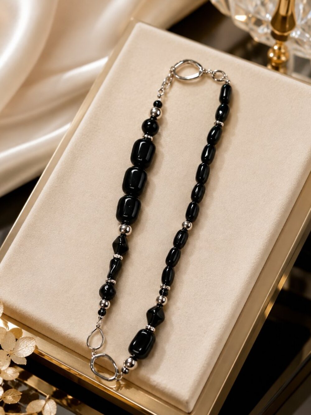 Black & Silver Beaded Long Statement Necklace – Modern Geometric Jewelry